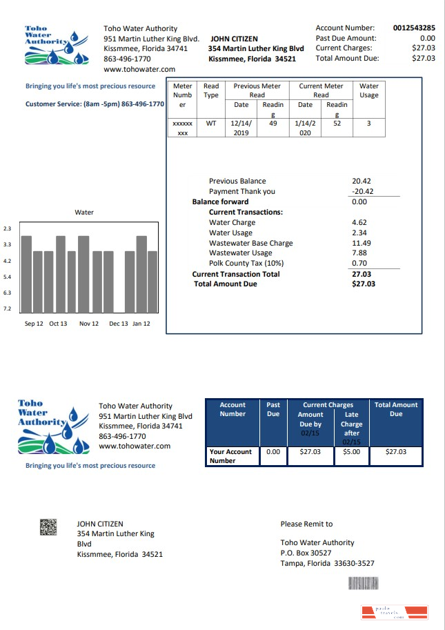 USA Florida Toho Water Authority utility bill template in Word and PDF format